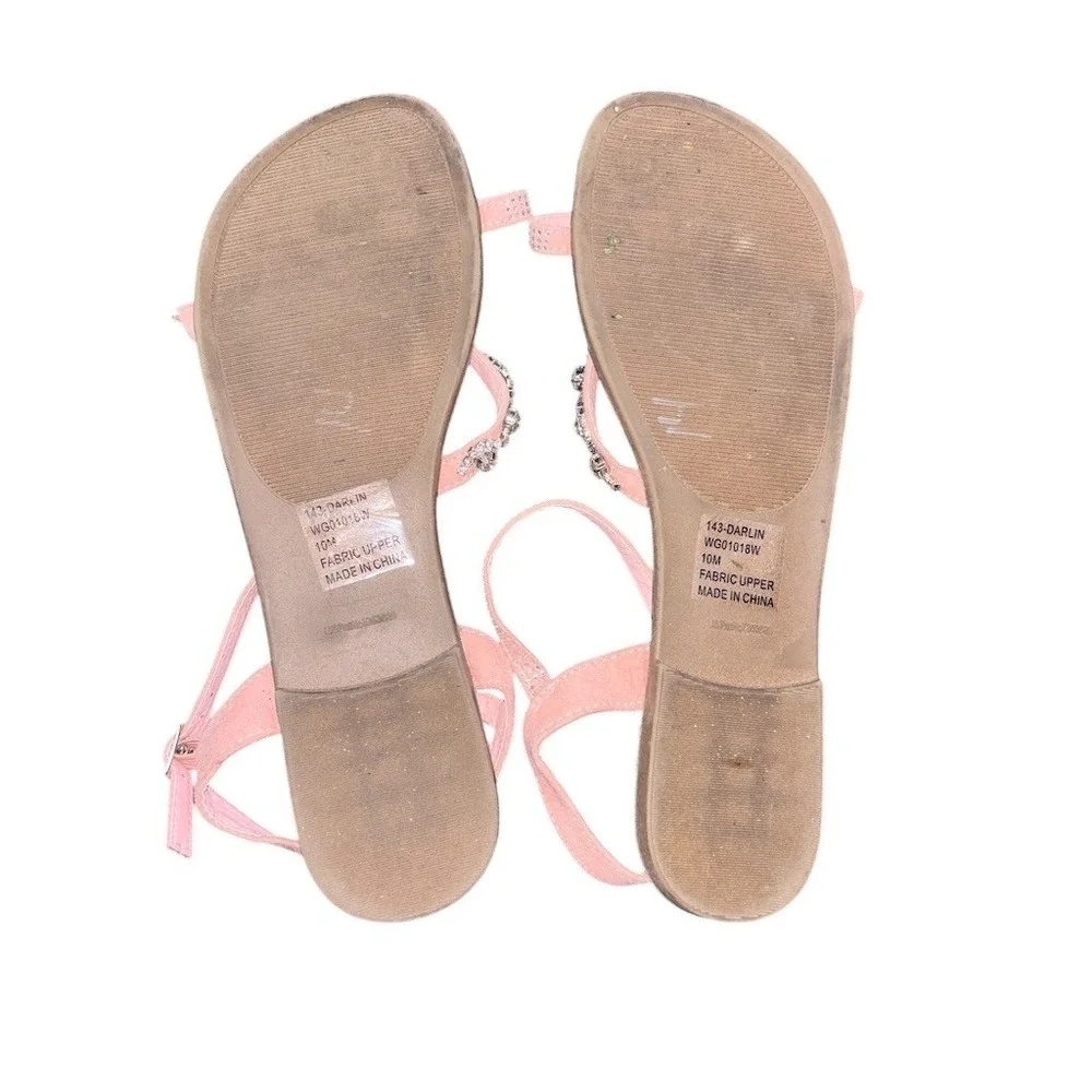 Women's  Dress Sandals Size 10 Pink Rhinestone Ankle Strap Flat Buckle